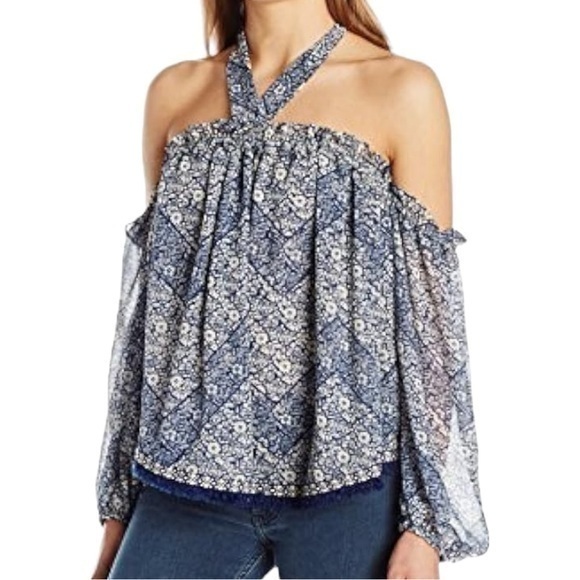 Misa Los Angeles Women’s Size XS Blue White Print Livey Off The Shoulder Blouse - Picture 1 of 8